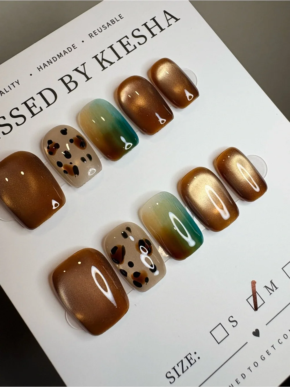 Press-On Nail Set with Brown Metallic, Leopard and Teal Ombre